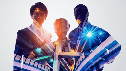 3人のビジネスパーソンが正面を向いてこちらに目線を送っている画像。3人の人物はシルエットのようになっていて鮮やかな色合いになっている。