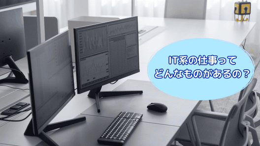 白いデスクの上に置かれた2つのモニターとキーボード・マウス。画面の左中央には”IT系の仕事ってどんなものがあるの?”というテキストが書かれている画像。