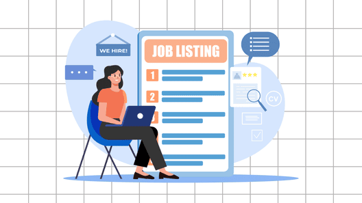 PCを膝に乗せ、椅子に座っている人物のイラスト。人物の背景には”JOB LISTING”と書かれたリストのイラストが表示されている画像。