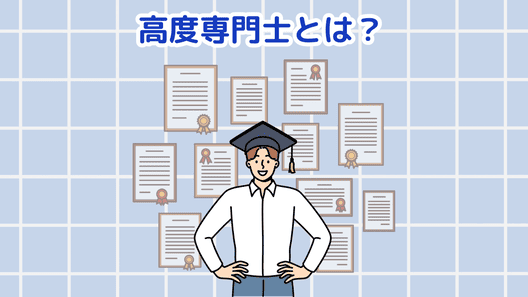 中央上部に”高度専門士とは?”と記載。水色のタイル背景の中央に症状が飾られて両手を腰に置いた総長帽を被った男性のイラスト画像