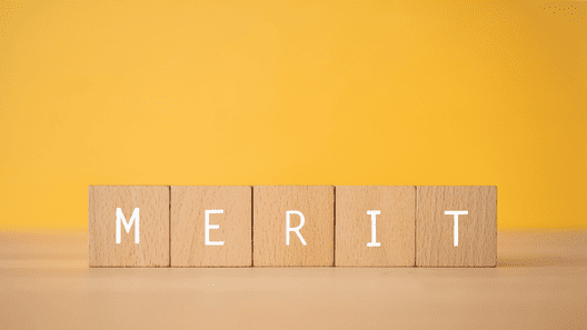 オレンジの背景に木の正方形型キューブか5つ並べられそれぞれに白で「MERIT」と書かれている画像