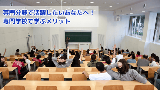 左上に”専門分野で活躍したいあなたへ!専門学校で学ぶメリット”と記載。教壇のある中央に黒板に文字を書こうとしている教師と席に着席した生徒たちが手を挙げている画像
